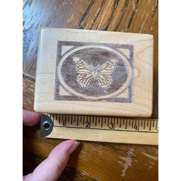 Small Natural Wood Butterfly Engraved Trinket Box With Hinged Lid & Black Lining - Picture 4 of 9